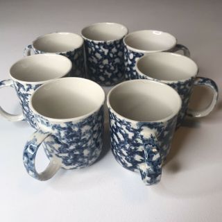 Tienshan Folk Craft Coffee Tea Mug Cup Blue Hearts Sponge Design Stoneware 7 Pc