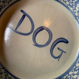 Vtg Bbp 1994 Dog Bowl Beaumont Brothers Pottery Large Salt Glazed Blue Stoneware