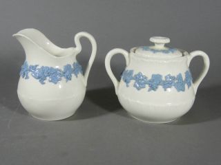 Wedgwood Queensware Blue On Cream Shell Edge Creamer And Sugar And Lid