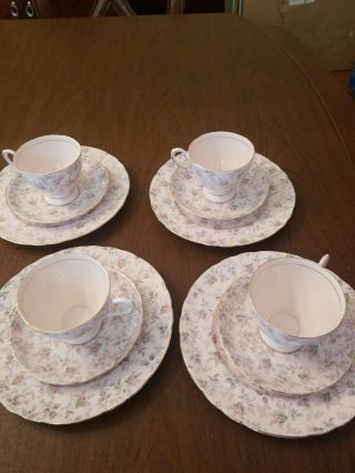 4 Tea Cups Saucer Plates Tuscan Fine English Bone China Flora Rose Pink
