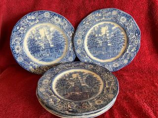 Set Of 6 Liberty Blue Staffordshire Independence Hall Dinner Plates - England