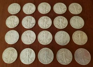 Twenty 90 Silver Walking Liberty Half Dollars (1935 - 1945,  $10 Face Value)