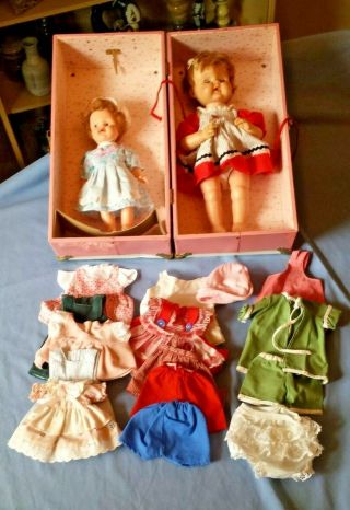 Vtg Old Pink Metal Doll Case Trunk With 2 Dolls And Clothes Eegee