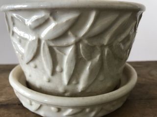 Vintage White Mccoy Pottery Flower Pot Planter W/ Saucer Leaves & Hobnail 3 1/4”