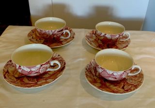 Set Of 4 Myott Son & Co England “bermuda” Pink Rose Cups With Saucers