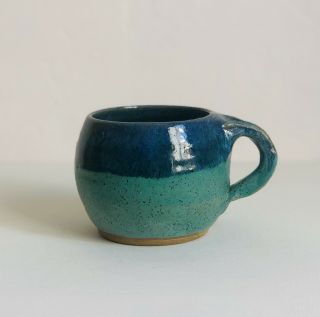 Signed Ceramic Hand Thrown Artisan Art Pottery Coffee Mug Cup Blue Turquoise