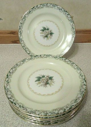 6 Noritake Mystery 14 Bread/butter Plates 6 3/8” White Rose Leafy Band Gold Rim
