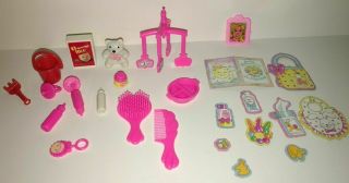 Vtg Kelly Barbie Crib Mobile Food Dish Baby Bottles Pacifiers Rattle Comb Brush