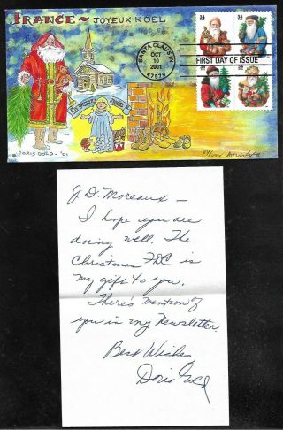 2001 Christmas Fdc 3537 - 3540 Hand Painted By Doris Gold,  Signed Personal Note