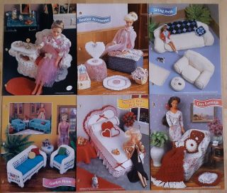 6 Crochet Patterns: Barbie Doll Furniture,  Bedroom,  Living,  Bath,  Casual