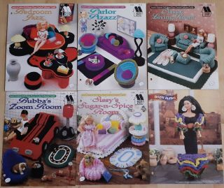 6 Crochet Patterns: Barbie Doll Bedroom Furniture,  Living Room,  Party Outfit