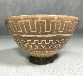 Hand Crafted Etched Art Footed Bowl 5 " Signed Pottery Brown Tan