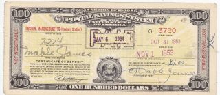 $100 Series Of 1939 Postal Savings System Certificate Paid Boston Ma W5170