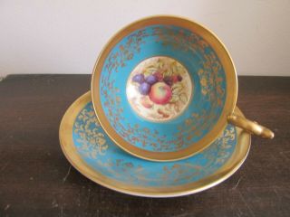 Aynsley England Tea Cup And Saucer Orchard Fruit Turquoise Blue Signed D.  Jones