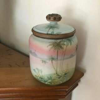 Vintage Nippon Hand Painted Lidded Jar With Palm Trees And Beach Scene