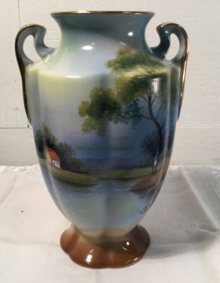 Vintage Noritake Morimura Hand Painted Lake Scene Vase With Handles Japan