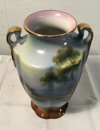 Vintage Noritake Morimura Hand Painted Lake Scene Vase with Handles Japan 2