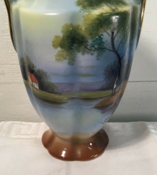 Vintage Noritake Morimura Hand Painted Lake Scene Vase with Handles Japan 3