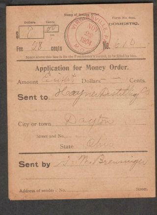 1904 Virginville Pa Application For Money Order G Bensinger To Hayner Distilling