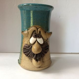 Ugly Funny Face Mug Moustache Eyebrow Unibrow Handmade Pottery Signed 16 Oz