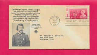 977 Moina Michael Fdc Civil War General John Logan Grand Army Republic Masonic