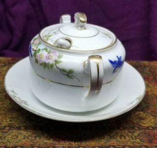 Hand Painted Nippon China Sugar Bowl with Lid & Spoon Gold Trim W/Blue Birds 3