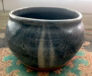 Vintage Footed Blue Studio Art Pottery Bowl,  Signed
