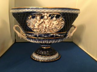 Vintage Vase Norleans 076 Cherub Vase Pottery Made In Italy White Blue Gold