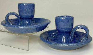 Vtg Pair Bybee Pottery Blue Art Pottery Chamberstick Candlestick Candle Holders
