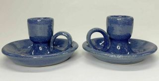 Vtg Pair Bybee Pottery Blue Art Pottery Chamberstick Candlestick Candle Holders 3