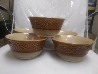 6 Better Homes And Garden Embossed Scroll Brown Rim Stoneware Bowls 6 1/2 "