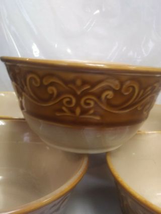 6 Better Homes and Garden EMBOSSED SCROLL Brown Rim Stoneware Bowls 6 1/2 