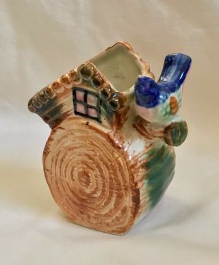 Vintage Ceramic Bird & Bird House Log Hanging Wall Pocket Planter Vase Japan