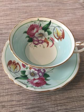 Paragon Fine Bone China Footed Cup & Saucer White Blue Pink Cabbage Rose Vintage