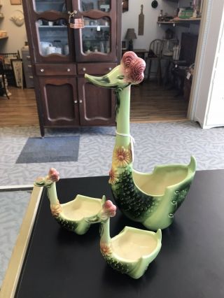 Vintage Hull Green Mother Goose Planter With 2 Babies 1957
