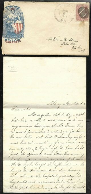 1864 Civil War Patriotic Cover,  Letter Albany Ny To Pillar Point Ny