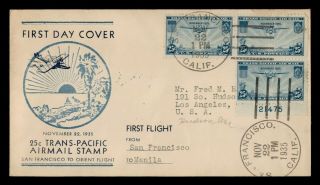 Dr Who 1935 Fdc Airmail Cachet 25c Pair First Flight To Philippines F24706