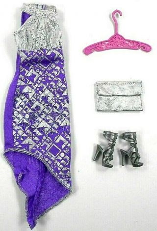 Barbie Vintage Outfit Purple/silver Dress Shoes Soft Silver Clutch Purse Hanger