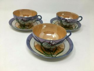 6 Piece Set Vtg Made In Japan Lusterware Hand Painted Cups And Saucers Iris Blue