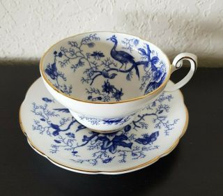 Vtg Coalport England Cairo Peacock Blue Cup & Saucer Pheasant Butterfly Insects