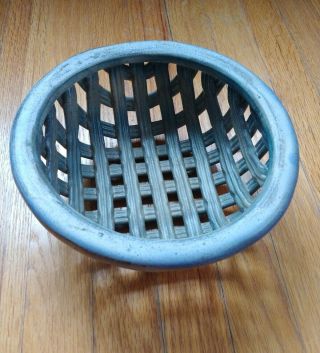 Mid Century Modern Woven Clay Bowl Art Pottery Signed By Artist Blue Glaze