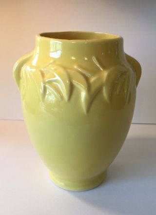 Vintage Mccoy Pottery Vase Yellow Molded Leaves.