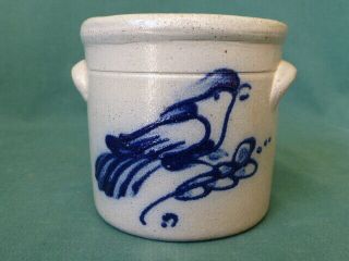 Vintage Cambridge Wisconsin Rowe Pottery Blue Decorated Miniature Bird Crock