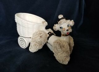 Vintage Lefton Porcelain Poodle Pulling Wagon Planter 4.  5 " Tall 9 " Long