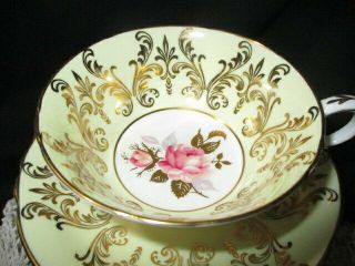Cup Saucer Paragon Enameled Floating Pink Rose Custard Cream Gold Scroll Lace