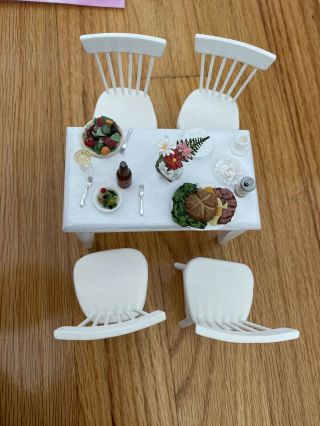 Dollhouse Miniature Table 4 Chairs With Plates Drinks Food Silverware Plant
