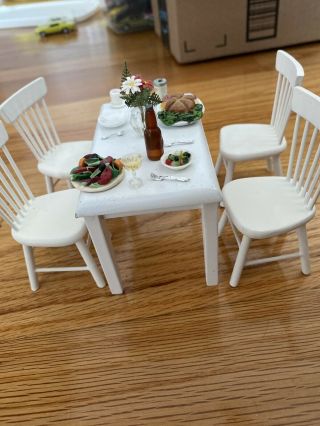 Dollhouse Miniature Table 4 Chairs With Plates Drinks Food Silverware Plant 3