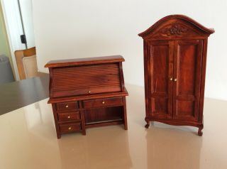 Dollhouse Miniatures Furniture - Wood Roll Top Desk & Wood Armoire
