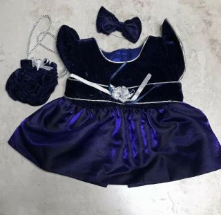 Build A Bear Holiday Velvet Dress With Bow And Purse Blue