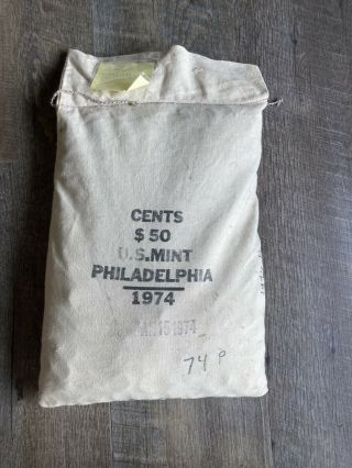 1974 P Uncirculated Penny Cent Canvas Bank Bag 5000 Coins $50 Face Copper
